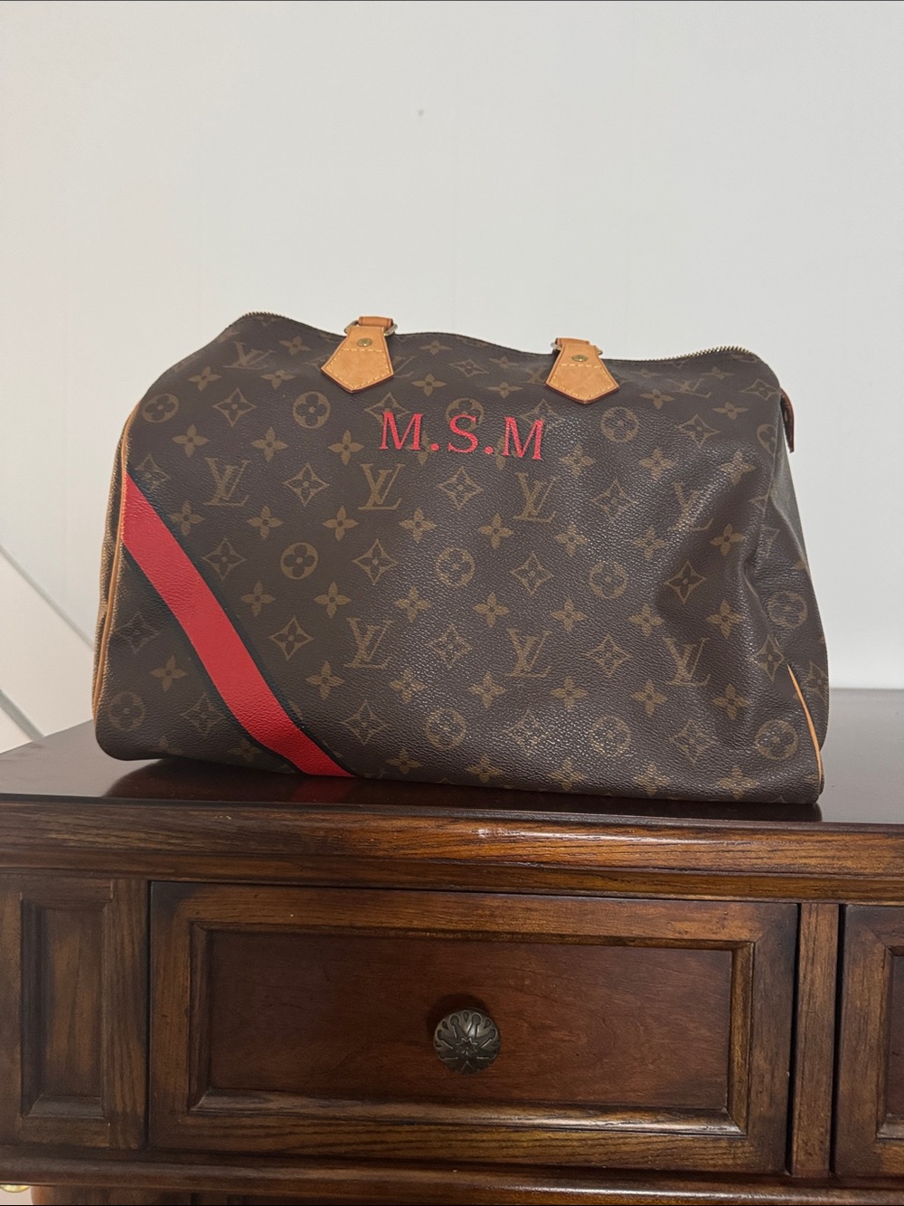 Louis Vuitton Brown Monogram Duffel with Red Stripe and Initials